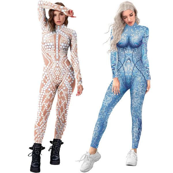 Sexy Meerjungfrau Pailletten 3D Druck Halloween Kostüm Für Frauen Bodys Langarm Cosplay Party Engen Overalls 