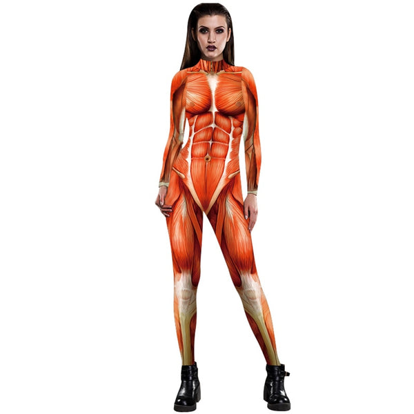 Zentai Suit Halloween Bodysuit Adults Men Funny Muscle 3D Print Jumpsuit Plus Size Cosplay Costume