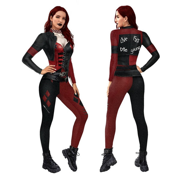 Women&#39;s Sexy Superhero Harleen Quinzel Cosplay Jumpsuit Catsuit Character Costumes Zentai Halloween Bodysuit Fancy Dress