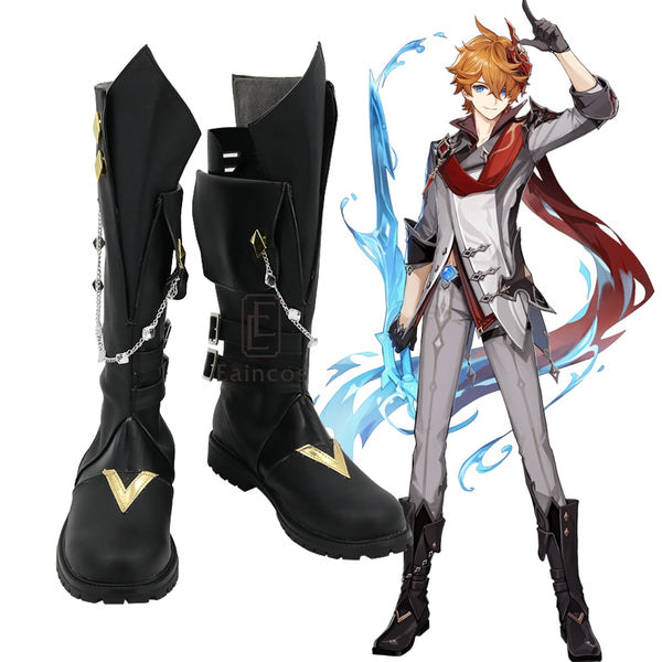 Genshing and Impacts Tartagliaia Cosplay Halloween Party Shoes Black Fancy Boots Custom-made