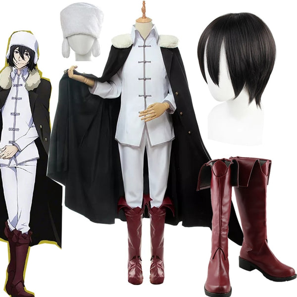 Bungouou Anime Strayay Dogsgs 3 Fyodoror Cosplay Costume White Uniforms Cloak Hat Black Wig Shoes Boots for Adult Halloween