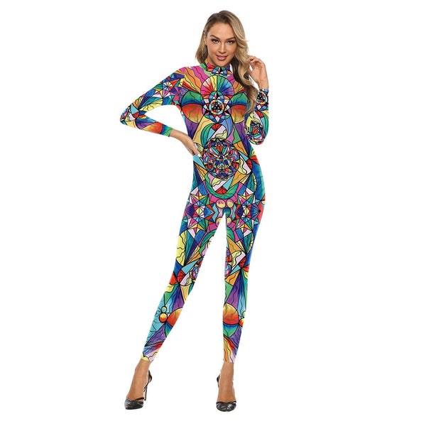 Printed Jumpsuits Female Romper Ladies Bodysuit Women Club Party Sexy Bodysuit Art Printed Colorful