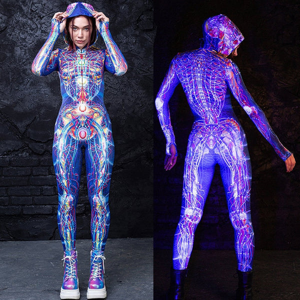 Halloween Cosplay Costume Carnival Party Hooded Zentai Catsuit 3D Digital Printing Women Outfits Bodysuit