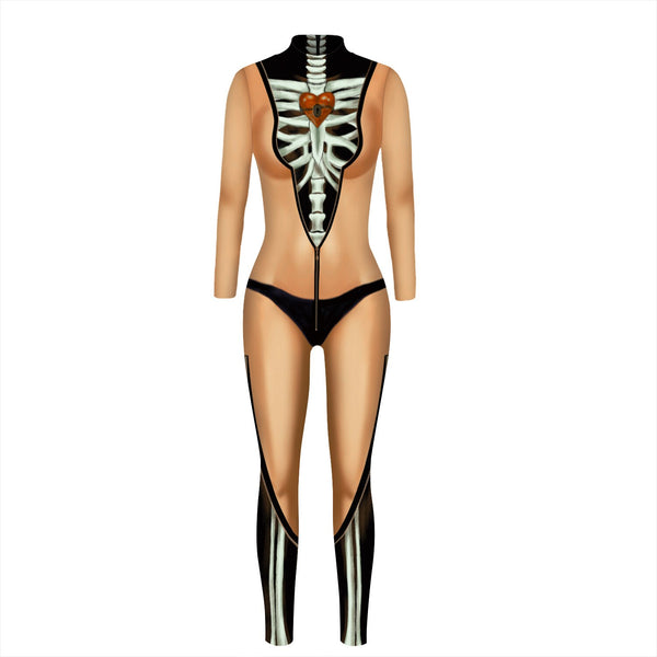 Adult Skeleton Print Halloween Cosplay For Women Ghost Jumpsuit Party Carnival Performance Scary Costume Bodysuit