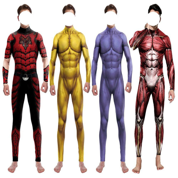 Cosplay Costume Purim Muscle 3D Print Male Long Sleeve Jumpsuits Halloween Carnival Performance Zentai Catsuit Bodysuit Outfit