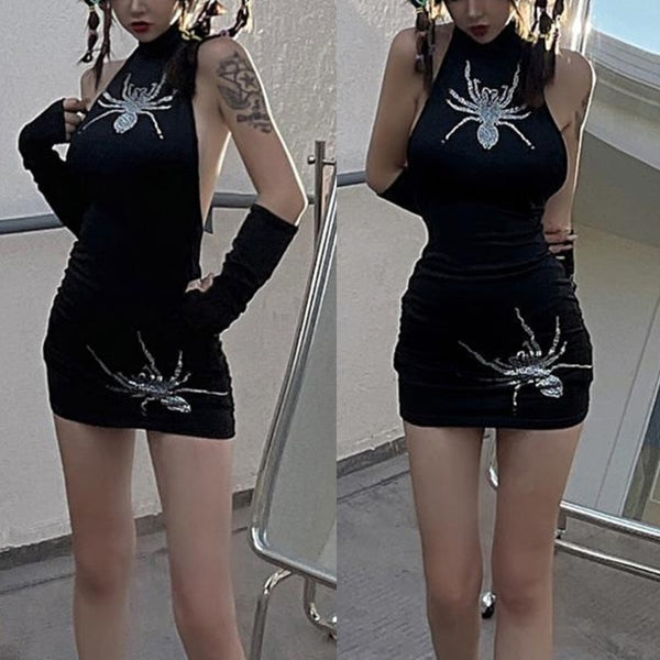 Frauen Sexy Neckholder Ärmelloses Paket Hüfte Bodycon Mini Kleid Gothic Hot Drill Spider Backless Nachtclub Party Kleider 