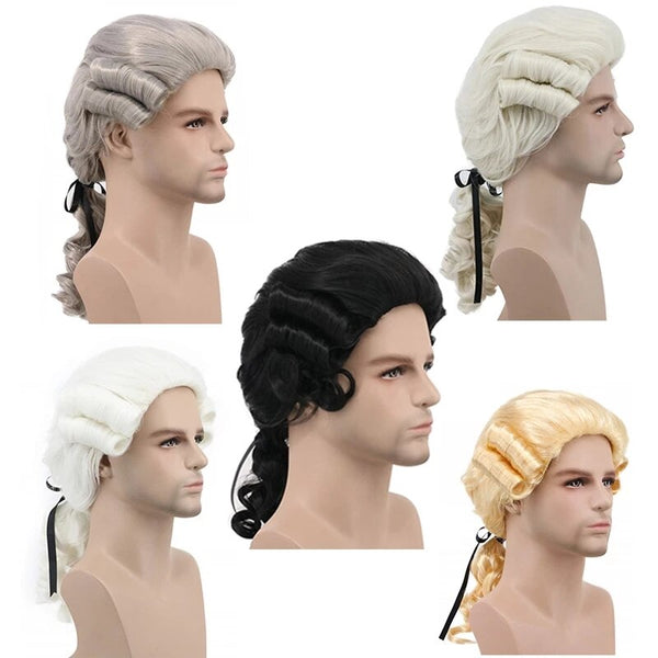 Grey White Black Lawyers Judges Baroqueue Curly Male Costume Wigs Deluxe Historical Long Synthetic Cosplay Wig For Halloween