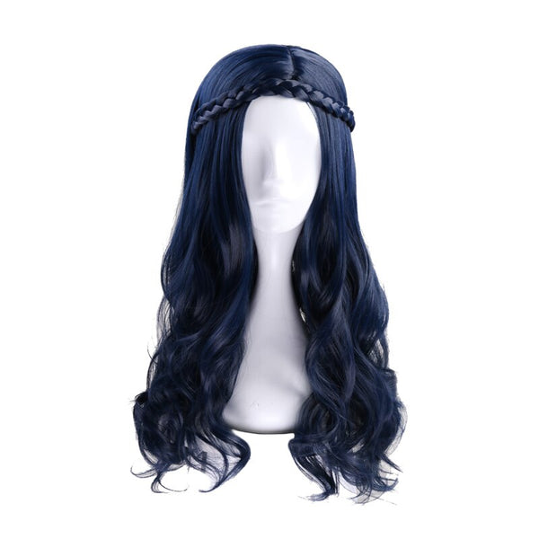 Descendantsants 2 Eviess Dark Blue Long Wavy Curly Wig With Braid Cosplay Costume Heat Resistant Synthetic Hair Women Cosplay Wigs