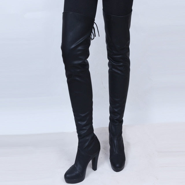 Men's Women's Black Leather Knee Boots Size 35-48 