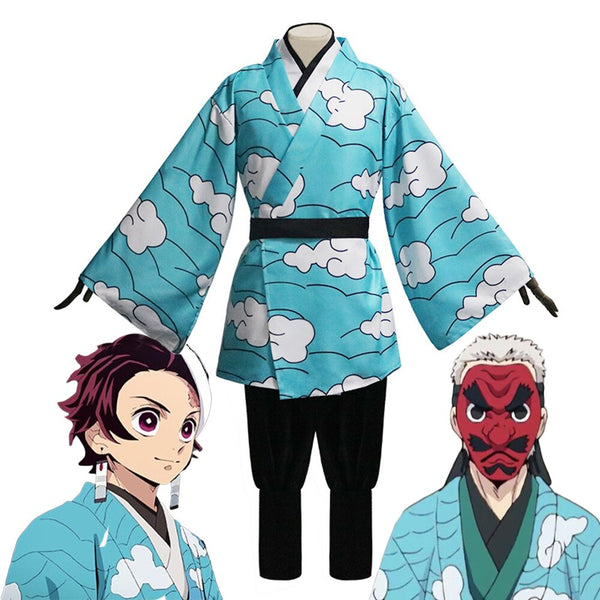 Anime Demons cos Slayerer Kimetsusu Yaibaba Kamadodo Tanjirouou Urokodakiki Sakonjiji Cosplay Costume Sky Blue Kimono Uniform Helloween Outfit