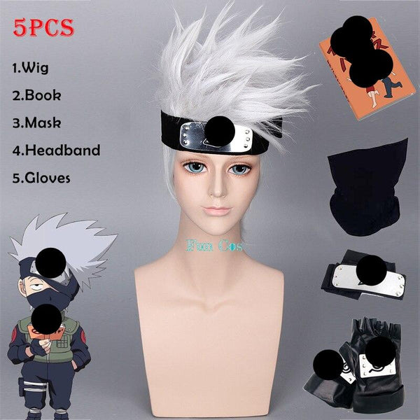 Hatakekes Anime Kakashing Cosplay Silvery Wig Headband PU Gloves Book Heat-resistant Fiber Hair with Free Wig Cap Halloween Props