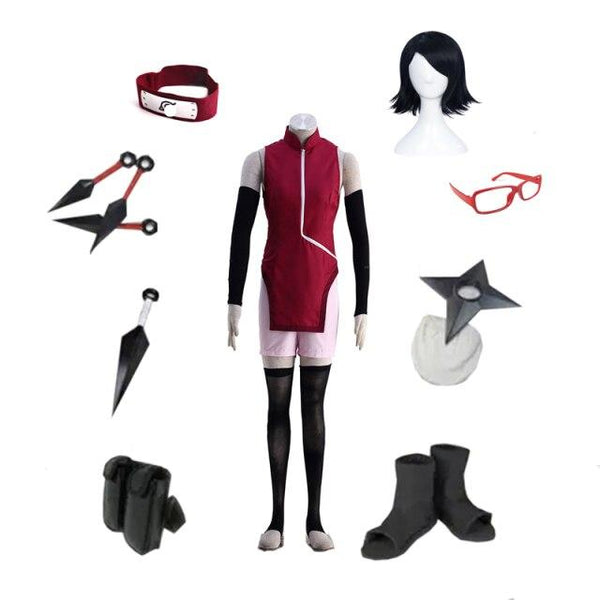 Boruto/cos Damen/Uchiha Sarada Ninja Cosplay-Kostüm (Cheongsam+Shorts+Stirnband+Brille+Schuhe+Kunai+Tasche+Shuriken)