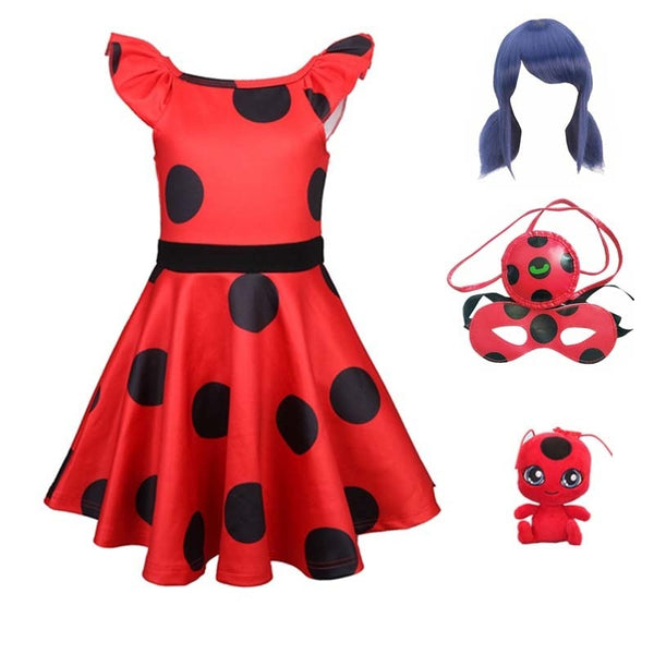 Marinette Cosplay Costumes Red Pretty Girls Dress Summer Clothes Party Children's Dot  Baby Girls Dresses