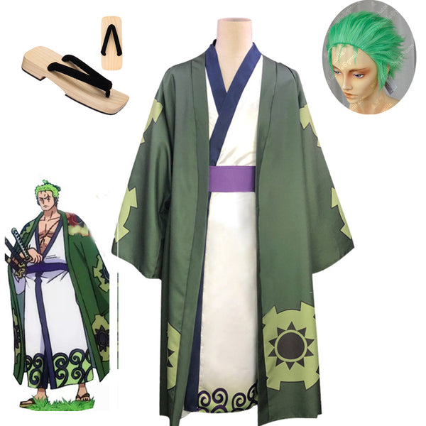 Anime Roronoaoa Zororo Cosplay Costume Kimono Robe Full Suit  Slicked-back green wig Short Layer RoronoaZoroo Wig Shoes