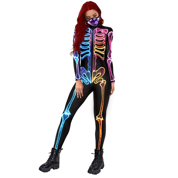 Womens Halloween Costume  Human  Skeleton Print Bodysuit Skinny Catsuit Jumpsuit Cosplay Set