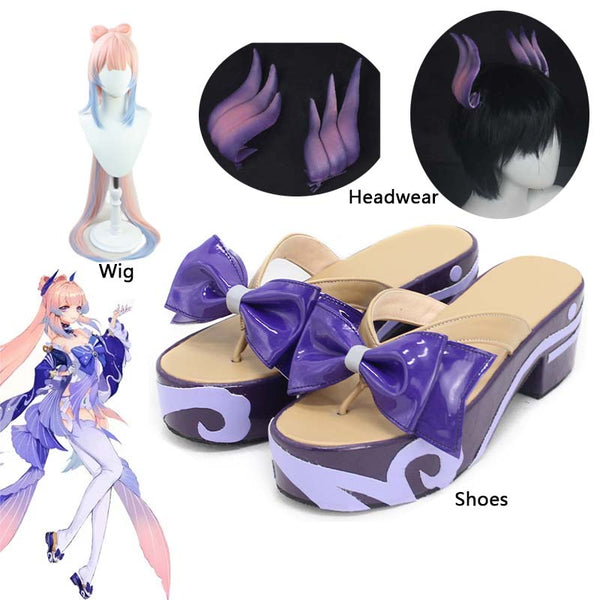 Genshin and Impact Sangonomiya Kokomi Cosplay Shoes Women Wooden Geta Clogs Shoes High Heels Bow Halloween Party Props Wigs Headwear