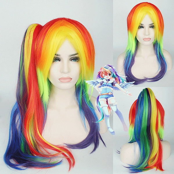 65cm Littles Ponyoy a Rainbow Straight Cosplay Wig Synthetic Multi color Women Fake Hair Wigs With Long Ponytail For Christmas